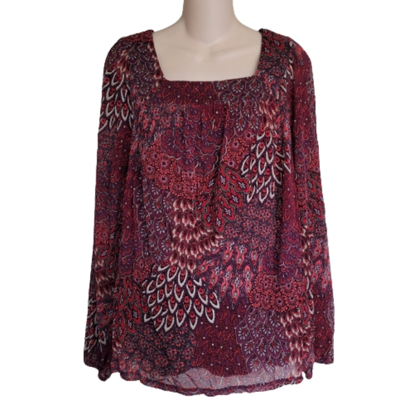 Apt.9 Square Neck Maroon Printed Long Sleeve Blouse Size Women's 0X Plus Size - Picture 1 of 10